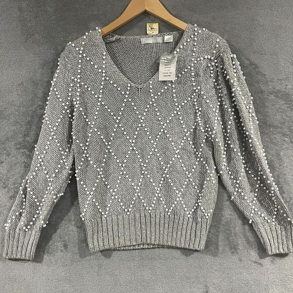 Vintage 80s Basilio M. Pearl Beaded Knit Sweater Long Sleeve Gray Gannycore Sz L - Picture 1 of 7
